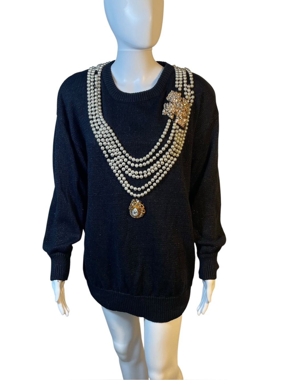 Bonnie Boerer Womens Plus 1X Vintage Black Metallic Pearls Jewels Beaded Sweater